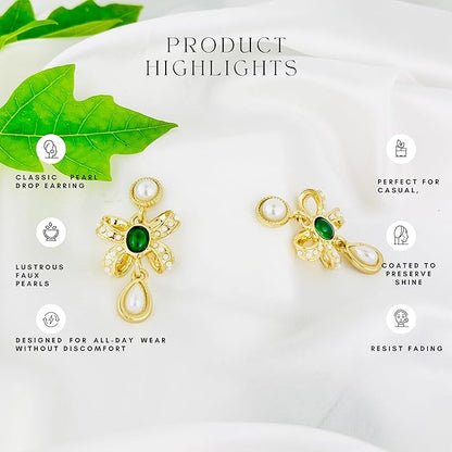 Belle Bijoux Gold and Pearl Drop Earrings with Elegant Bow Design – Lightweight Dangle Jewelry for Women, ideal Gift for Any Occasion