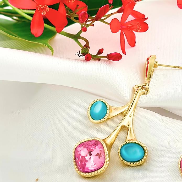 Belle Bijoux Gold and Pastel Jewel Drop Earrings – Elegant Dangle Jewelry for Women, Lightweight, Ideal for Party, Office, and Everyday Wear