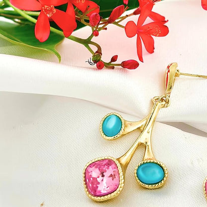 Belle Bijoux Gold and Pastel Jewel Drop Earrings – Elegant Dangle Jewelry for Women, Lightweight, Ideal for Party, Office, and Everyday Wear